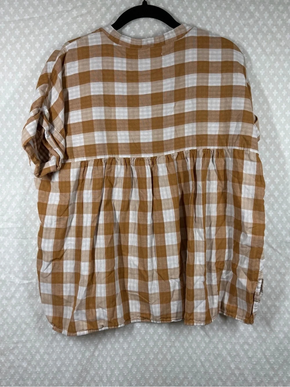 Madewell Brown White Plaid‎ Short Sleeve Popover Top